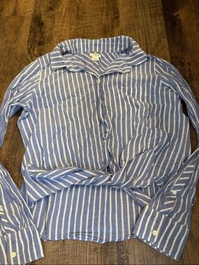J. Crew Blue and White Vertical Stripe Button-Down Shirt Tie Front 100% Cotton